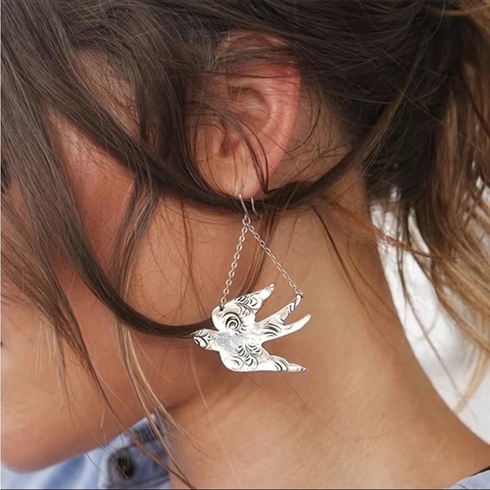 Silver Bird Engraved Drop Earrings